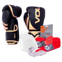 Kit Boxe Muay Thai Luva 10Oz Dourado + Protetor Bucal + Bandagem Vermelha