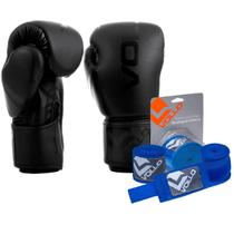 Kit Boxe Muay Thai Luva 10oz Preta + Bandagem 3M Azul Vollo