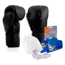 Kit Boxe Muay Thai Luva 10Oz Preto + Protetor Bucal + Bandagem Azul Kit Boxe Muay Thai Luva 10Oz Preto + Protetor Bucal + Bandagem Azul