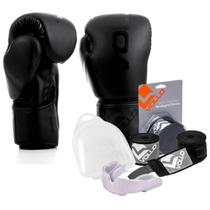 Kit Boxe Muay Thai Luva 10Oz Preto + Protetor Bucal + Bandagem Preta