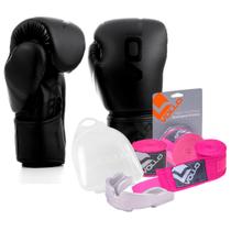 Kit Boxe Muay Thai Luva 10Oz Preto + Protetor Bucal + Bandagem Rosa