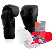 Kit Boxe Muay Thai Luva 10Oz Preto + Protetor Bucal + Bandagem Vermelha