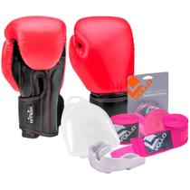 Kit Boxe Muay Thai Luva 10Oz Vermelha + Protetor Bucal + Bandagem Rosa
