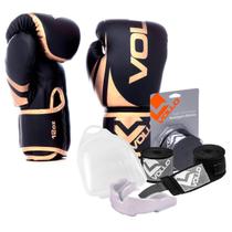 Kit Boxe Muay Thai Luva 12Oz Dourado + Protetor Bucal + Bandagem Preta