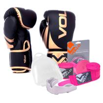 Kit Boxe Muay Thai Luva 12Oz Dourado + Protetor Bucal + Bandagem Rosa