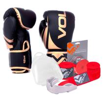 Kit Boxe Muay Thai Luva 12Oz Dourado + Protetor Bucal + Bandagem Vermelha