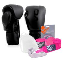 Kit Boxe Muay Thai Luva 12Oz Preto + Protetor Bucal + Bandagem Rosa