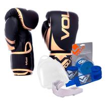 Kit Boxe Muay Thai Luva 14Oz Dourado + Protetor Bucal + Bandagem Azul Kit Boxe Muay Thai Luva 14Oz Dourado + Protetor Bucal + Bandagem Azul