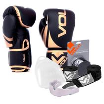 Kit Boxe Muay Thai Luva 14Oz Dourado + Protetor Bucal + Bandagem Preta