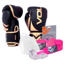 Kit Boxe Muay Thai Luva 14Oz Dourado + Protetor Bucal + Bandagem Rosa Kit Boxe Muay Thai Luva 14Oz Dourado + Protetor Bucal + Bandagem Rosa