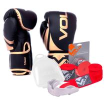 Kit Boxe Muay Thai Luva 14Oz Dourado + Protetor Bucal + Bandagem Vermelha