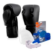 Kit Boxe Muay Thai Luva 14Oz Preto + Protetor Bucal + Bandagem Azul Kit Boxe Muay Thai Luva 14Oz Preto + Protetor Bucal + Bandagem Azul