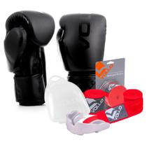 Kit Boxe Muay Thai Luva 14Oz Preto + Protetor Bucal + Bandagem Vermelha Kit Boxe Muay Thai Luva 14Oz Preto + Protetor Bucal + Bandagem Vermelha