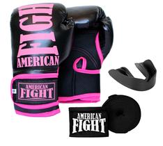 Kit Boxe Muay Thai Luva Bandagem Bucal American Fight - Rosa