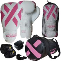 Kit Boxe Muay Thai Luva + Bandagem + Bucal + Bolsa Branco