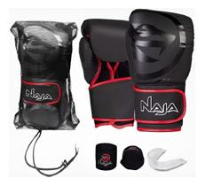 Kit Boxe Muay Thai Luva, Bucal, Bandagem Black Line - Naja Cor:PretoTamanho:10oz Kit Boxe Muay Thai Luva, Bucal, Bandagem Black Line - Naja Cor:PretoTamanho:10oz
