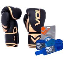 Kit Boxe MuayThai Luva 12oz Dourada + Bandagem 3M Azul Vollo