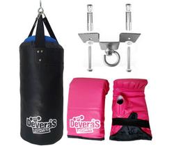 kit boxe Saco de Pancada Cheio 60 cm + suporte teto saco pancada + par de luvas bate saco rosa