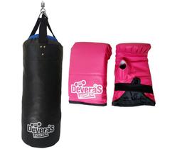 Kit Boxe Saco de Pancada Cheio Profissional 70 cm + Par de Luvas Bate Saco Rosa Luvas de Boxe Rosa