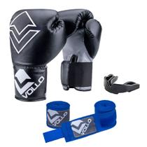 Kit Boxe Vollo Iniciante Luva 12Oz + Protetor Preto + Bandagem Azul