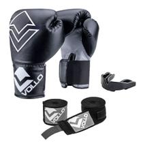 Kit Boxe Vollo Iniciante Luva 12Oz + Protetor Preto + Bandagem Preta
