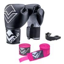 Kit Boxe Vollo Iniciante Luva 12Oz + Protetor Preto + Bandagem Rosa