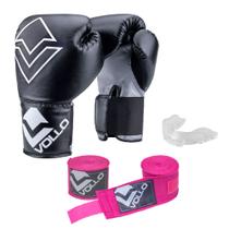 Kit Boxe Vollo Iniciante Luva 12Oz + Protetor Transp + Bandagem Rosa
