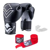 Kit Boxe Vollo Iniciante Luva 12Oz + Protetor Transp + Bandagem Vermelha