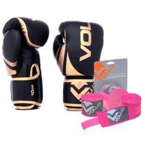 Kit Boxe Vollo Luva 10oz Dourada + Bandagem 3M Rosa MuayThai