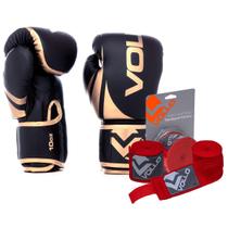 Kit Boxe Vollo Luva 10oz Dourado + Bandagem 3M Vermelha Luta