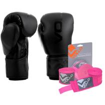 Kit Boxe Vollo Luva 10oz Preta + Bandagem 3M Rosa MuayThai