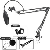 Kit Braço Articulado Mesa Suporte Flexível para Microfone + Pop Filter Estúdio Radio Youtuber