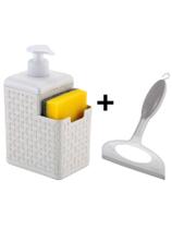 Kit BRANCO Porta Detergente e Sabonete Líquido + Rodinho De Pia Luxo Cozinha Banheiro