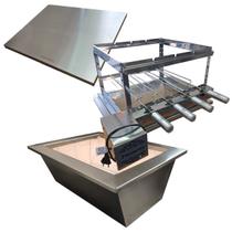 Kit Braseiro Inox 60x50 Tampa Grill Giratório 4 Espetos