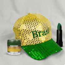 Kit brasil torcida copa do mundo boné com tinta facial corporal e batom verde amarelo eventos esportivo