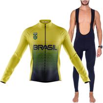 Kit Bretelle Camisa Manga Longa Ciclismo Brasil Dryfit Gel