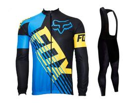 Kit Bretelle Gel Camisa Longa Ciclismo Fox Azul Dryfit Uv