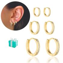 Kit Brinco Argola 1 2 3 Furos Cravejado Banhado a ouro Luxo Kit Brinco Argola 1 2 3 Furos Cravejado Banhado a ouro Luxo