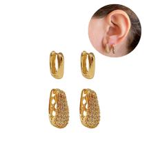 Kit Brinco Argola Gota Cravejado e Quadrado Liso Dourado