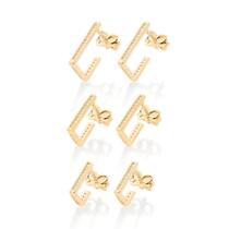 Kit brinco argola retangular banhado a ouro 18k com zircônias Kit brinco argola retangular banhado a ouro 18k com zircônias