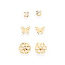 Kit brinco borboleta, flor e solitário banhado a ouro 18k com zircônias Kit brinco borboleta, flor e solitário banhado a ouro 18k com zircônias