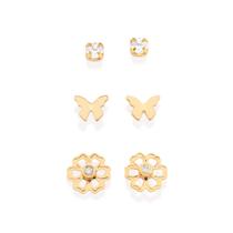 Kit Brinco Borboleta Flor e Solitário Feminino Banhado a Ouro 18k com Zircônias 527229