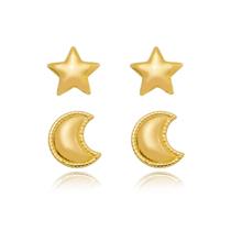 Kit Brinco Dupla de Brincos Lua e Estrela de Semijoia
