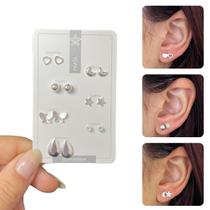 Kit brinco feminino semaninha prata 925 legítima trio 3 furos