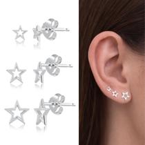 Kit brinco feminino semaninha prata 925 legítima trio 3 furos