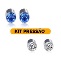 Kit Brinco Masculino Feminino Pressão Magnético Ponto Luz 4mm Aço Inox Azul Cristal