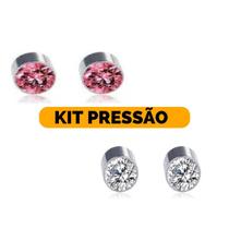 Kit Brinco Masculino Pressão Magnético Ponto Luz 4mm Aço Inox Rosa Cristal Aço Inox