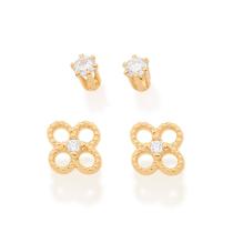 Kit brinco ponto de luz e mini flores folheado a ouro-Rommanel (526622) Kit brinco ponto de luz e mini flores folheado a ouro-Rommanel (526622)