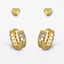 Kit Brincos Argola e Segundo Furo Brinco de Coração Banhado Ouro 18k