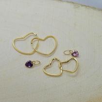Kit Brincos Argolas Coração com Pingentes Zircônia Ouro 18K